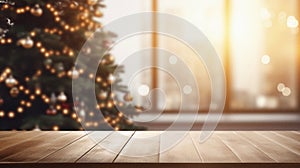 Wooden table in front of defocused Christmas tree. Mock up