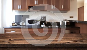 Wooden table in front of defocused modern kitchen counter top