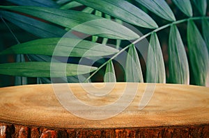 wooden table in front of tropical green floral background. for product display and presentation photo