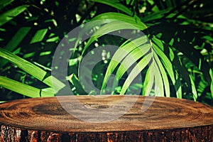 Wooden table in front of tropical green tropical floral background. for product display and presentation