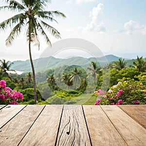 Wood table with tropical summer landscape photo