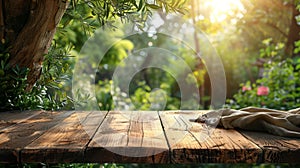 wooden table on garden background with sunlight, for advertising or presentation of goods, copy space