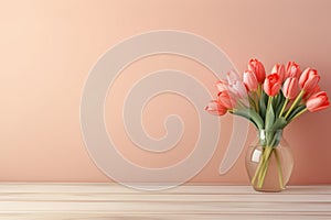 Wooden table with glass vase with bouquet of tulips flowers near empty, blank coral wall. Home interior background