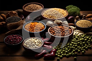 Wooden table graced with different beans and seeds in presentation photo