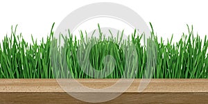 a wooden table on a grass background