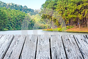 Wooden table and Green forest landscape.