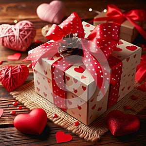 Wooden Table Hosts Valentines Day Gift Box with Red Ribbon and Hearts. Generative ai for illustrations