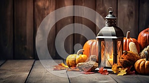 Wooden Table With Lantern And Candles Decorated With Pumpkins