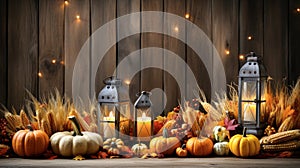 Wooden Table With Lantern And Candles Decorated With Pumpkins, C