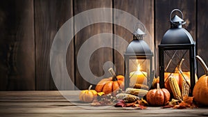 Wooden Table With Lantern And Candles Decorated With Pumpkins, C