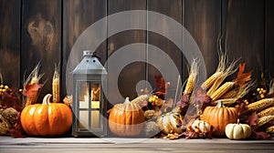Wooden Table With Lantern And Candles Decorated With Pumpkins, Corncobs, Apples And Gourds With Wooden Background