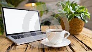 Wooden table with laptop with blank white screen mockup, cup of coffee and potted plant. Cozy workspace in a cafe or office.