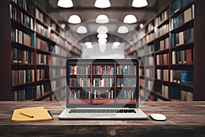 Wooden table, laptop mockup, blurred school library background