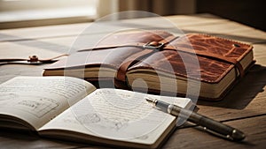 Table with a leather bound journal and a notebook illuminated