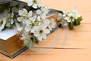 On a wooden table lies a book with spring cherry blossoms.