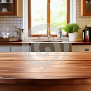 A wooden table is located in the center of a modern kitchen, surrounded by chairs