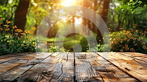 A wooden table in a lush green forest with yellow flowers and sunlight streaming through the trees