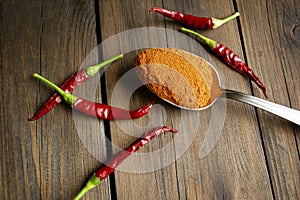 On the wooden table are many small pods of hot pepper and crushed chili powder in a metal spoon.