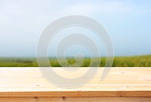 Wooden table and meadow background. ready food product display.