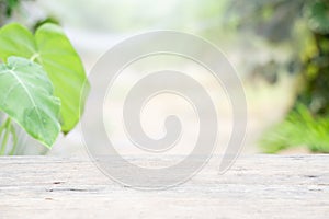 Wooden table on nature garden background for presentation product