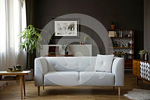 Wooden table next to grey sofa in dark living room interior with poster and plants. Real photo