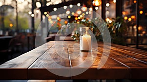 Wooden table without objects, front view. Christmas, New Year. Without people. Evening lighting, festive illumination