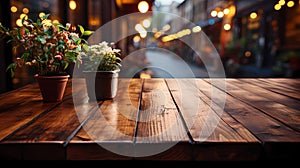 Wooden table without objects, front view. Christmas, New Year. Without people. Evening lighting, festive illumination