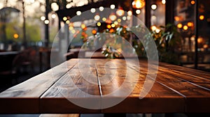 Wooden table without objects, front view. Christmas, New Year. Without people. Evening lighting, festive illumination