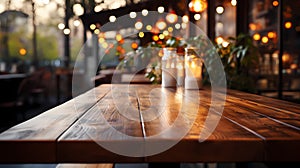 Wooden table without objects, front view. Christmas, New Year. Without people. Evening lighting, festive illumination