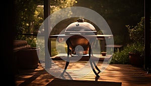 Wooden table outdoors, nature summer meal cooked on metal crockery generated by AI