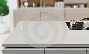 Wooden table over blurred kitchen window sill for product display, 3d rendering