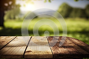 Wooden Table For Picinic, Green Nature Grass And Trees Background - Generative AI