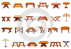 Wooden table picnic icons set cartoon vector. Empty garden