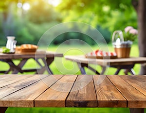 Wooden Table With Picnic Setting in Background. Generative AI