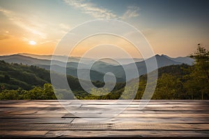 Wooden table with a picturesque sunset sky and mountains in the background