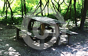 Wooden table for piknik in the forest