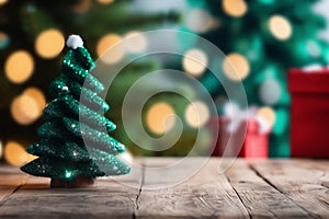 A Wooden Table And A Pine Tree Out Of Focus Make A Charming Christmas Holiday Backdrop