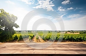 Wooden table for product presentaion with grapes