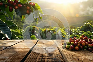 wooden table with red coffee beans and coffee plantation at sunset on the background