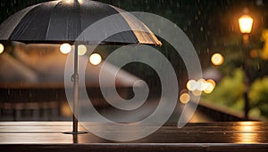 Wooden table in restaurant in heavy rainy weather and empty with a beautiful background