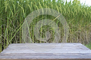 Wooden table in rice field, Wooden board empty table top