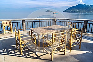 Wooden table in sea seaside restuarant