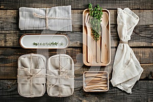 Wooden Table Set With Dishes and Napkins