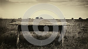 Vintage Black-and-white Photo Of Wooden Table In Grassy Field photo