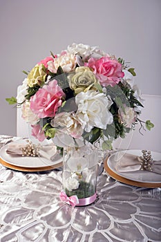 Wooden table setting and decoration for meal time, studio shot