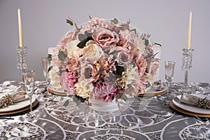 Wooden table setting and decoration for meal time, studio shot