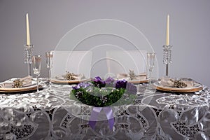 Wooden table setting and decoration for meal time, studio shot