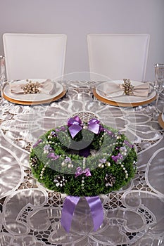 Wooden table setting and decoration for meal time, studio shot