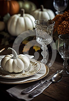 Wooden table setting with mini white pumpkins. AI Generated