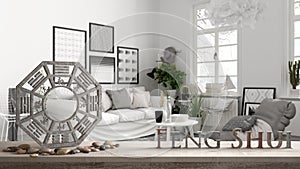 Wooden table shelf with ba gua, pebble stone and bamboo plants, minimalist white and wooden living room, coffe tables, zen concept